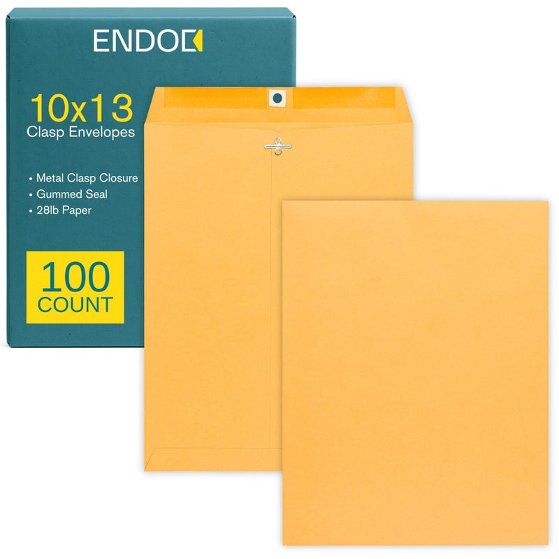 EnDoc 10 x 13 Clasp Envelopes â€“ 100 Pack Brown Kraft Catalog Envelopes with Clasp Closure & Gummed Seal â€“ 28lb Heavyweight Paper 10x13 inches Envelopes for Home, Office, Business, Legal or School - Image 1